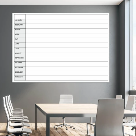 Magnetic dry-erase board, annual lean planner, English design for office. Gray wall shades.
