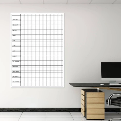 Magnetic dry-erase board, annual lean planner in English, ideal for office decor with light-colored walls.