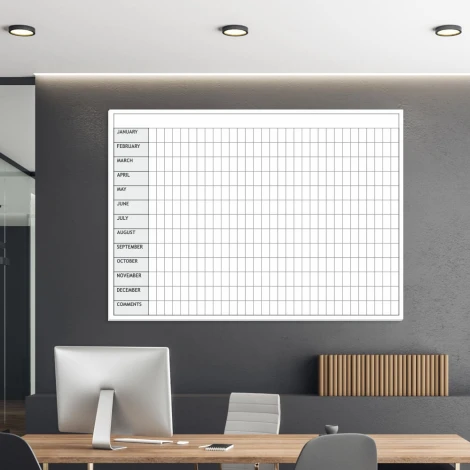 Magnetic dry-erase board, annual lean planner in English, ideal for office decor. Gray wall accents.