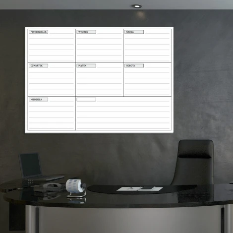 Magnetic whiteboard weekly planner 015 - Office setup with dark walls, modern design.