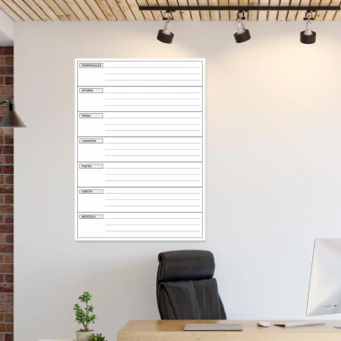 Weekly lean planner dry-erase magnetic board 017 - Office setup with light walls and wooden floor.