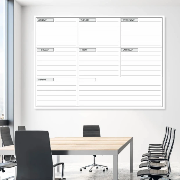 Weekly English lean planner dry-erase magnetic board - Office decor with light-colored walls.
