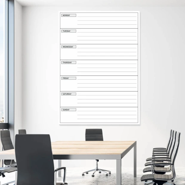 Weekly English lean planner dry-erase magnetic board for office decor. Bright walls and furniture.