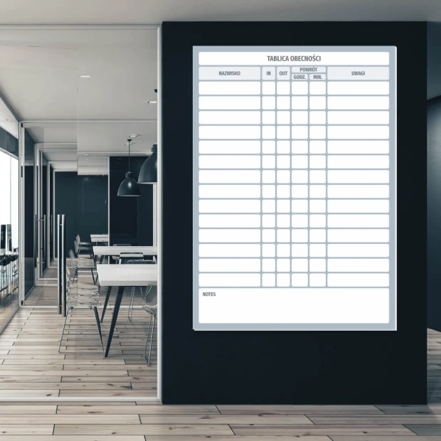 Magnetic dry-erase attendance board lean 131 - Office setup with black walls and wooden floor.