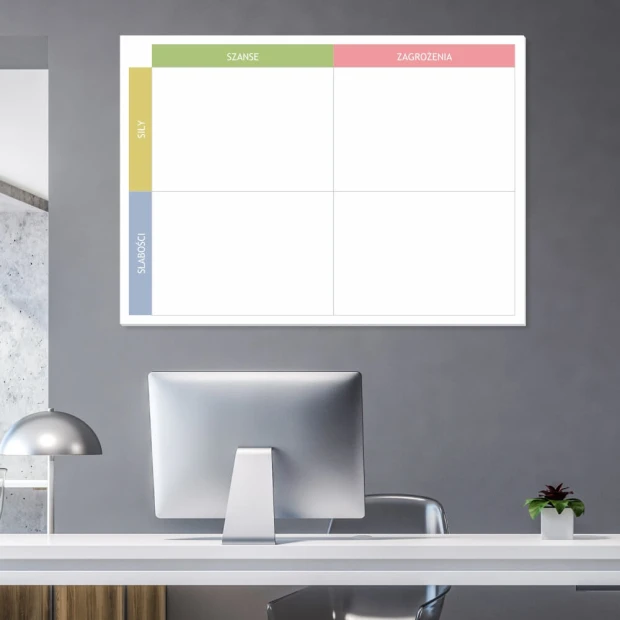 Magnetic whiteboard for SWOT analysis 033 - Office decor in shades of gray, minimalist style.