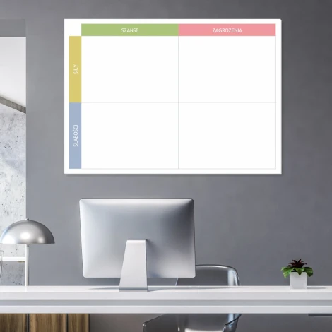 Magnetic whiteboard for SWOT analysis 033 - Office decor in shades of gray, minimalist style.