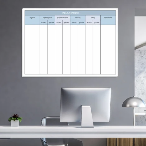 Magnetic dry-erase Kanban board 020 - Office setup with gray walls and modern furniture.