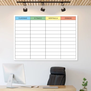 Magnetic whiteboard for lean planning 031 - Office setup with light-colored walls and minimalist furniture.