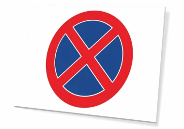 No Stopping Sign T555 - Graphic Design. Round sign with a blue cross on a red background.
