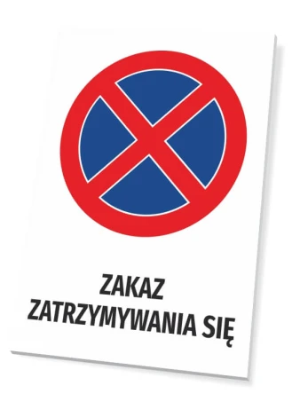 No Stopping Sign T556 - Graphic design. Red circle with blue cross on white background. Text at the bottom.