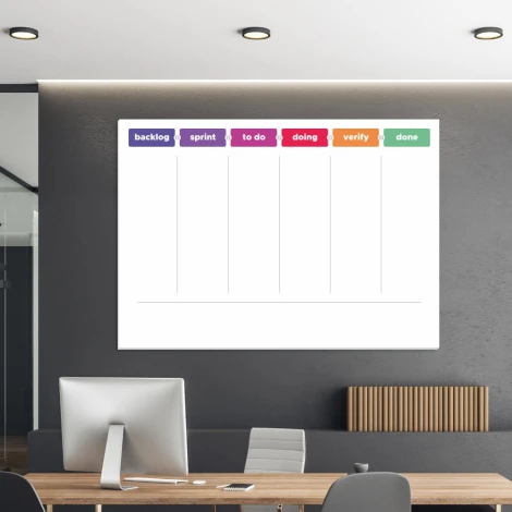 Magnetic Kanban board, dry-erase, lean design 092 - Office arrangement with gray walls, minimalist style.