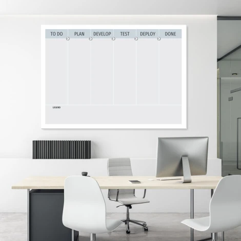 Magnetic Kanban board, dry-erase, lean design 093 - Bright office with white furniture.