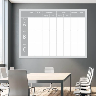 Magnetic Kanban board, dry-erase, for lean management. Ideal for office decor with gray walls and modern furniture.