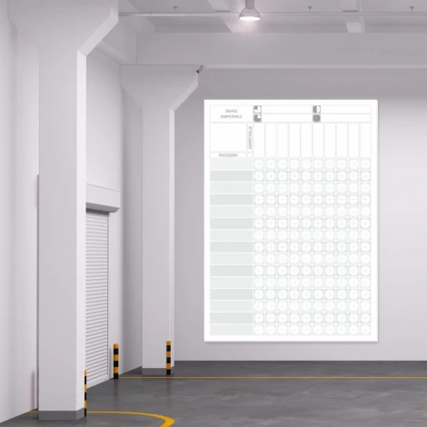 Competency matrix for 15 employees on a magnetic whiteboard, ideal for lean warehouse layout. Bright wall design.