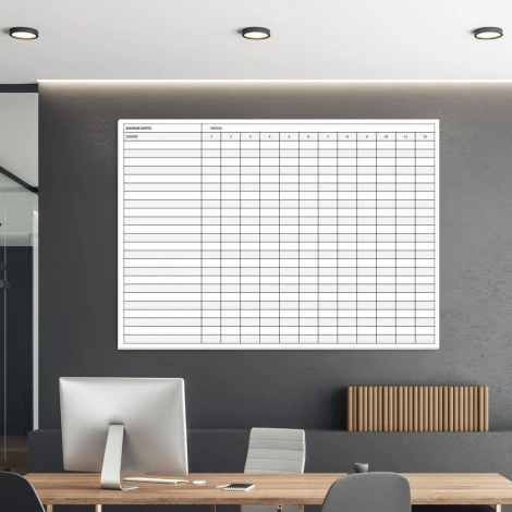 Magnetic dry-erase Gantt chart board 075 with monthly divisions - Office decor. Gray-toned walls.