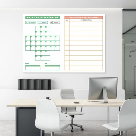 Magnetic whiteboard for lean safety cross 080 - Office setup with light walls and furniture in shades.
