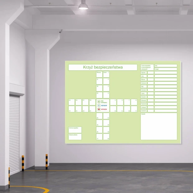 Magnetic whiteboard for lean safety cross 081 - Bright walls and gray floor in the warehouse setup.
