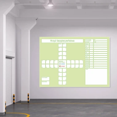 Magnetic whiteboard for lean safety cross 081 - Bright walls and gray floor in the warehouse setup.