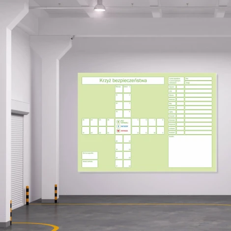 Magnetic whiteboard for lean safety cross 081 - Bright walls and gray floor in the warehouse setup.