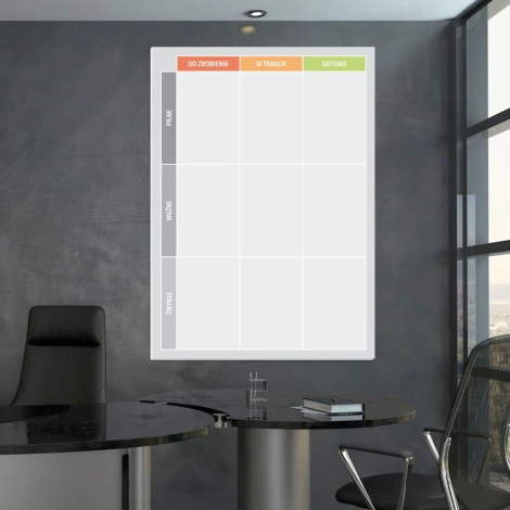 Magnetic dry-erase Kanban board 096 - Office setup with dark walls and modern furniture.
