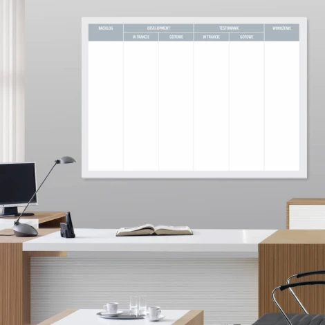 Magnetic dry-erase kanban board 095 - Office setup with light walls and wooden furniture.