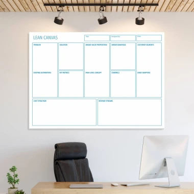 Lean Canvas magnetic whiteboard 100 - Office setup with light-colored walls and minimalist furniture.