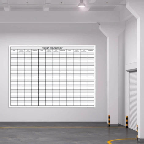 Whiteboard for lean unloading planning 085 - Bright walls and concrete floor in warehouse setup.