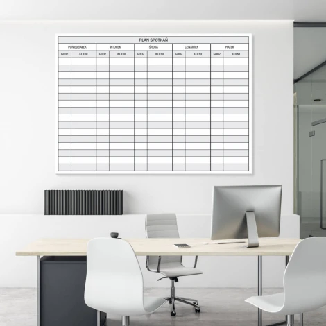 Magnetic whiteboard for lean meeting planning 087 - Office decor with light-colored walls, minimalist style.
