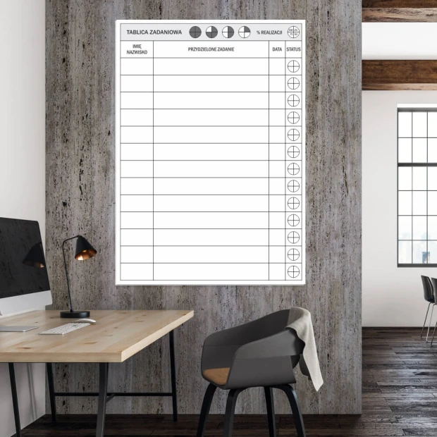Magnetic whiteboard for task assignment 089 - Office arrangement. Walls in gray-beige tones.