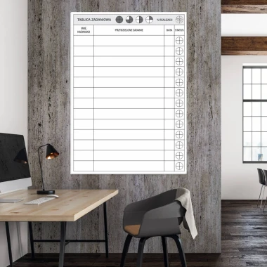 Magnetic whiteboard for task assignment 089 - Office arrangement. Walls in gray-beige tones.