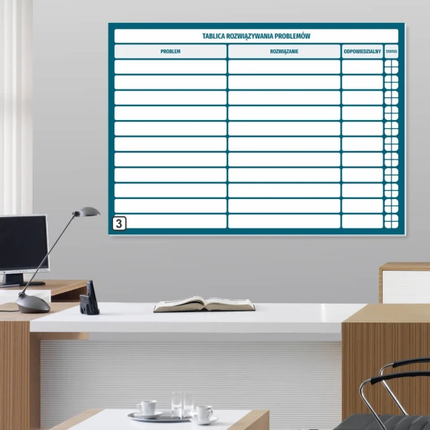 Magnetic dry-erase problem-solving board lean 109 - Office setup with light-colored walls and furniture.
