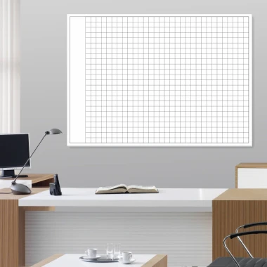 Dry-erase board grid 005 - Office setup with light-colored walls and wooden furniture accents.
