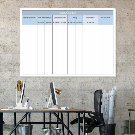 Lean Kanban whiteboard 019 - Office setup with gray-beige walls and modern office furniture.