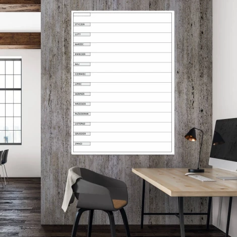 Annual lean planner dry-erase board 007 - Office setup with gray-beige walls and wooden accents.