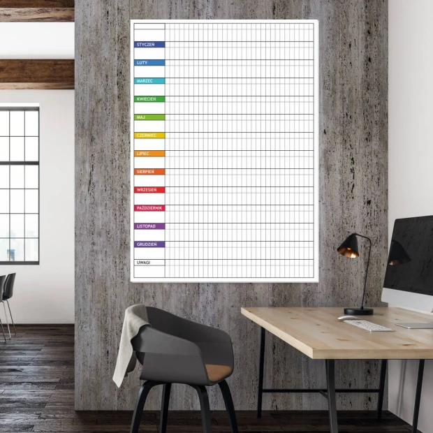 Annual lean planner whiteboard 040 - Office arrangement with gray-beige walls and wooden elements.