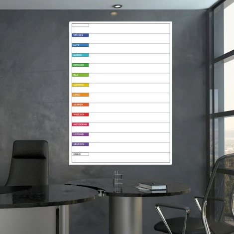 Annual lean planner dry-erase board 042 - Office arrangement with gray walls and modern furniture.
