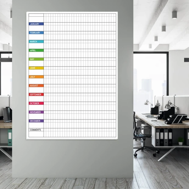 Annual English lean planner whiteboard - Office arrangement with light-colored walls and modern furniture.