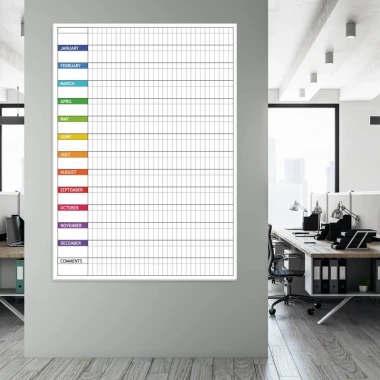 Annual English lean planner whiteboard - Office arrangement with light-colored walls and modern furniture.