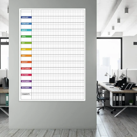 Annual English lean planner whiteboard - Office arrangement with light-colored walls and modern furniture.