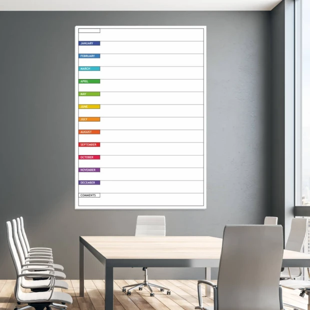 Yearly lean planner whiteboard in English - Office setup with gray walls and light furniture.