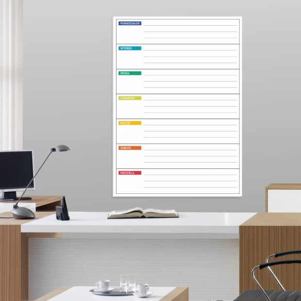 Weekly lean planner whiteboard 044 - Office setup with light-colored walls and minimalist furniture.