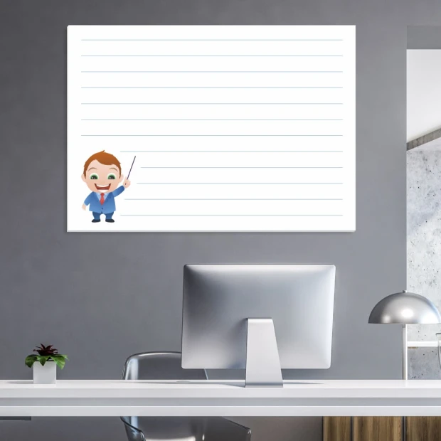 Dry-erase board notebook 025 - Graphic design with horizontal lines and a smiling figure.