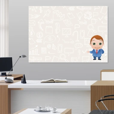 Dry-erase board notebook 026 - Graphic design with office symbols and a character on a light background.