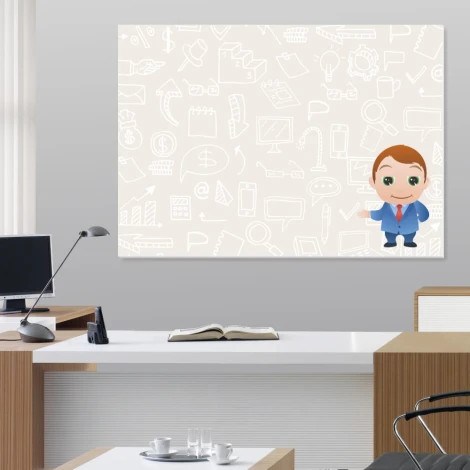 Dry-erase board notebook 026 - Graphic design with office symbols and a character on a light background.