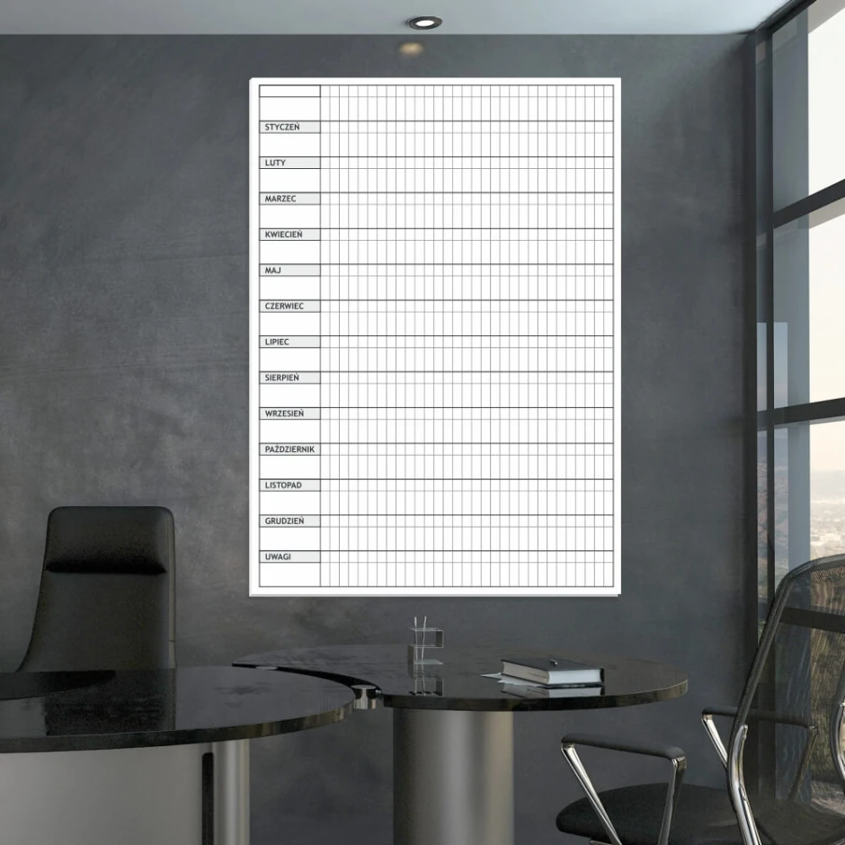 Yearly planner whiteboard 011 - Office setup with gray walls and modern furniture.