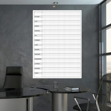 Yearly planner whiteboard 011 - Office setup with gray walls and modern furniture.