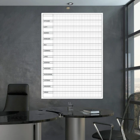 Yearly planner whiteboard 011 - Office setup with gray walls and modern furniture.