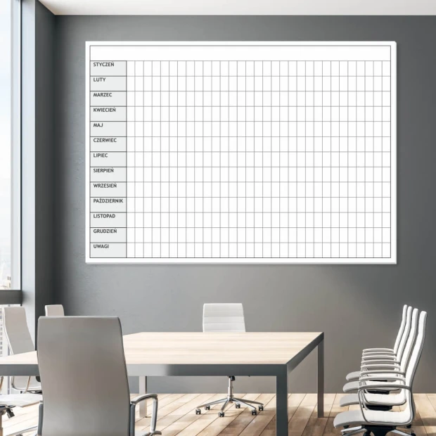 Yearly planner whiteboard 013 - Office arrangement with gray walls and minimalist furniture.
