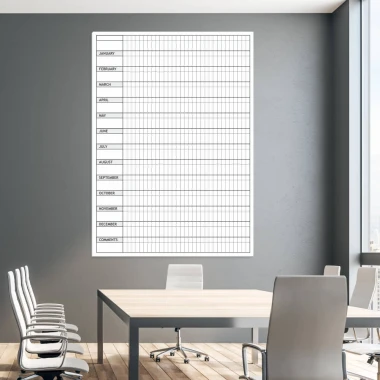 Annual planner whiteboard en 012 - Office arrangement. Gray walls and minimalist furniture.