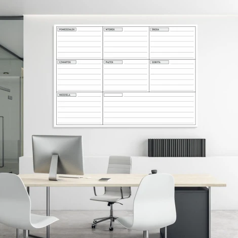 Weekly planner whiteboard 015 - Office setup with light-colored walls and modern neutral furniture.